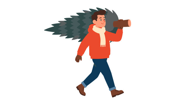 Man carrying a Christmas tree on his shoulder in winter