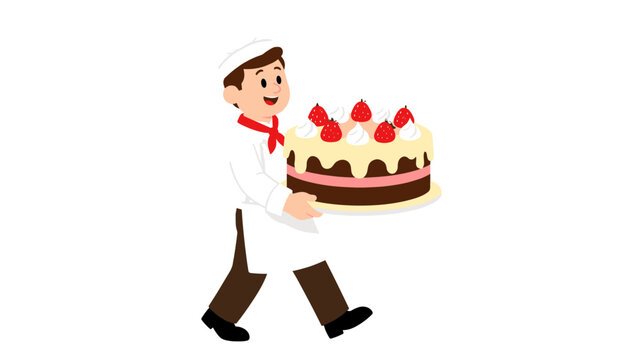 Cartoon baker carrying large strawberry cake on white background