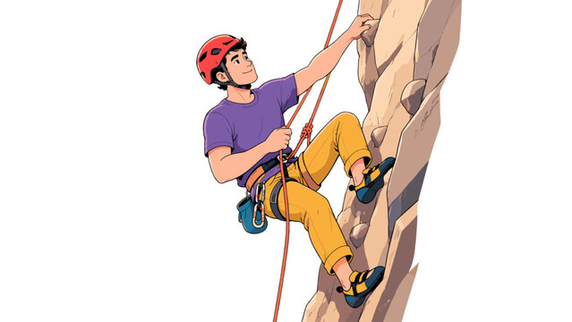 Man climbing a rock wall with rope and helmet illustration