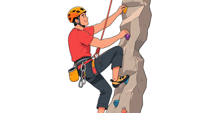 Rock climber ascending a wall with rope and safety gear