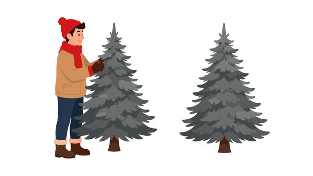 Man choosing a fir tree in winter flat vector illustration