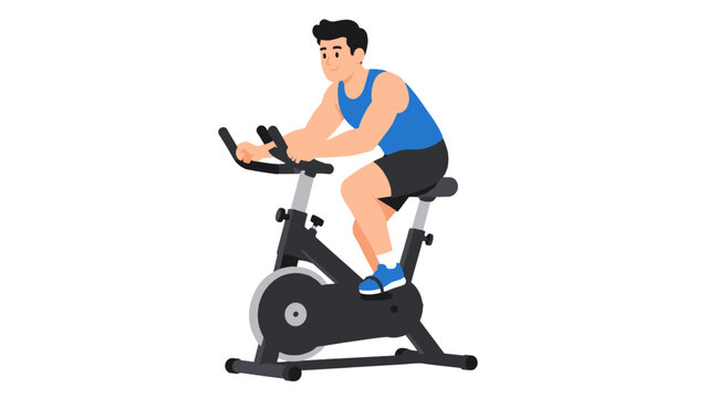 Man riding stationary exercise bike in flat vector style