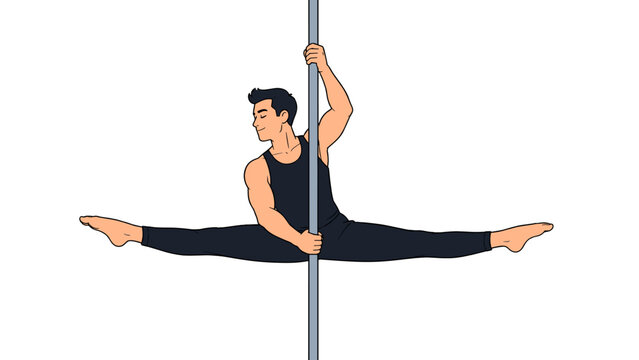 Male dancer performing a split pose on a vertical pole