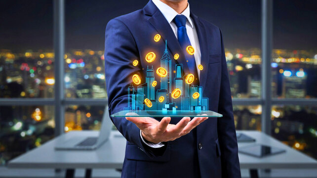 Businessman holding digital smart city hologram with golden coins depicting real estate investment and financial technology concept