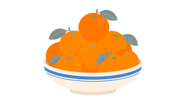 Mandarin oranges stacked in a striped bowl with green leaves