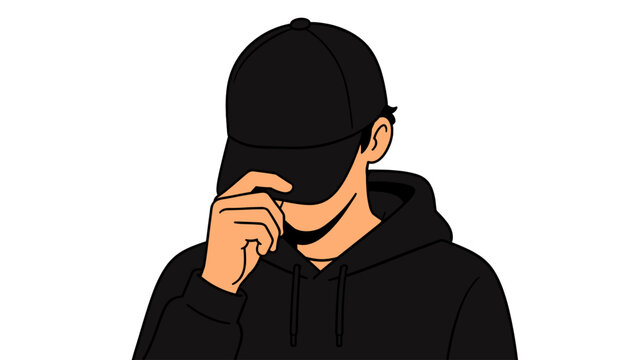Young man in black cap and hoodie hiding face illustration