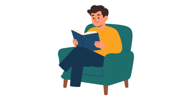 Young man reading a book while sitting in an armchair