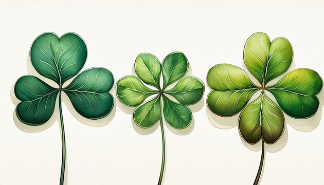 Three Leaf And Four Leaf Clover In A Row On A White Isolated Background