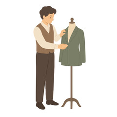 Fototapeta premium Skilled tailor adjusting a green suit jacket on a wooden mannequin dress form, flat vector illustration in vintage tailoring workshop style with earthy tones and clean lines