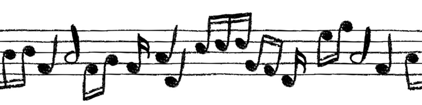 Crayon music notes on staff lines creates a melody. Seamless pattern. Hand drawn chalk charcoal sketchy musical score seamless border vector illustration isolated on transparent background