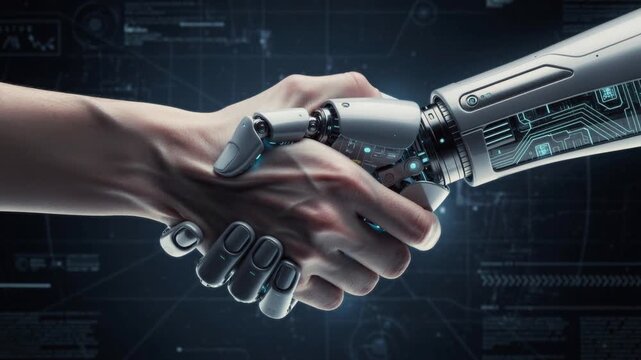 Human and robot hands shaking symbolizing technology partnership and future innovation concept