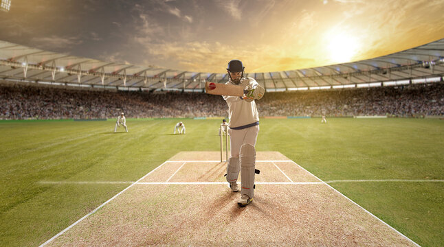 Young sportsman strikes the ball while batting in the cricket field