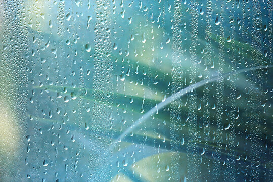 background of rain drops on glass, abstract summer grass and flowers in wet nature freshness