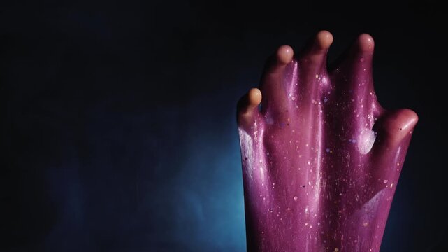Purple glittery slime stretching over hand against dark smoky background.