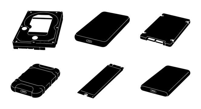 Diverse Storage Devices Vector Set: Internal HDD, External SSD, M.2 NVMe, Rugged Drive, SATA Interface, Compact Storage Solutions