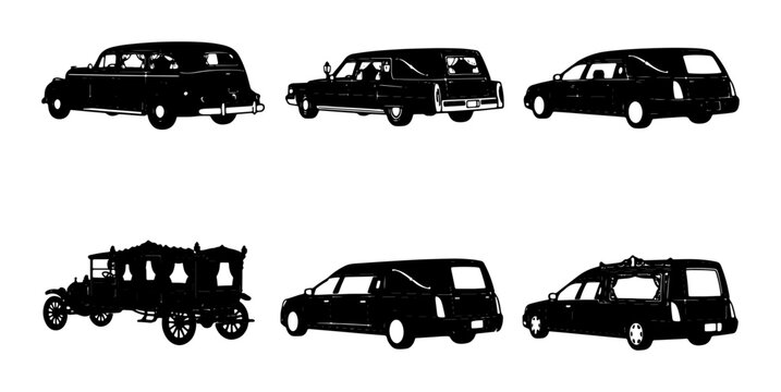 Funeral Hearse Collection, Vintage and Modern Funeral Car Silhouettes, Black Vector Icons for Mourning and Remembrance Services