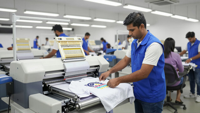 A worker meticulously loads a t-shirt onto an industrial direct-to-garment (DTG) printing machine in a modern factory setting. This process highlights custom apparel production and advanc