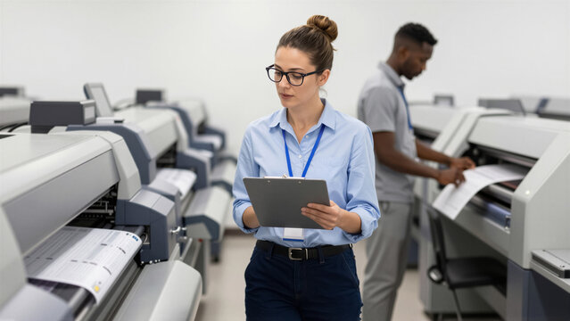 A professional woman inspects a large format printer in a modern industrial setting, ensuring quality output. Her focus on print production reflects efficient business operations. 