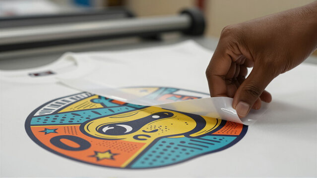 Close-up of a hand peeling a transfer sheet from a white t-shirt with a colorful graphic. This heat transfer process is used for custom apparel and textile branding in a workshop