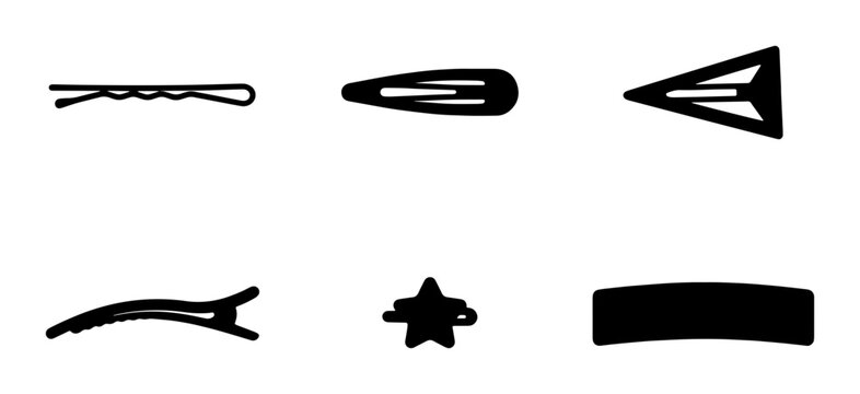 Set of 6 Black Vector Hair Clips and Pins, Simple Icons for Styling and Accessories, Minimalist Design Elements