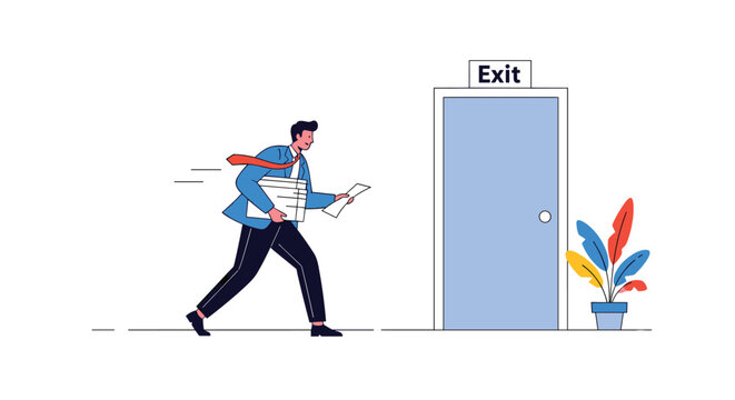 Energetic businessman carrying a large stack of documents runs towards an exit door, indicating a hasty departure or office deadline.