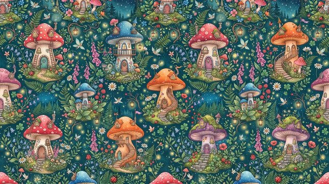 Seamless whimsical pattern of tiny fairy houses built inside colorful mushrooms surrounded by flowers, magical forest illustration, charming wallpaper