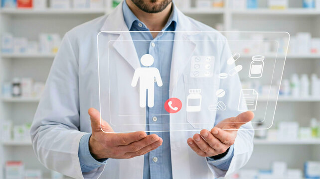 Pharmacist holding a holographic display of medical icons and patient health information