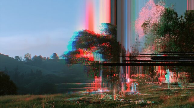 Split screen digital composition with natural landscape and severe glitch effect, dark green rolling hills, trees, bright blue sky, chromatic aberration halos, vertical color bands, horizontal black b