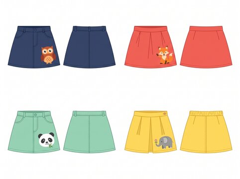 eight colorful kids a-line skirts with four featuring cute animal graphics and four plain