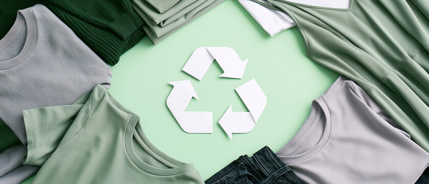 Eco-friendly Fashion Cycle: Folded garments in earthy tones surround a prominent recycling symbol, visually representing sustainable textile practices and a commitment to environmental consciousness.