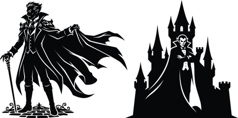 Gothic vampire vector illustration dracula with castle and cane halloween character © Sultana