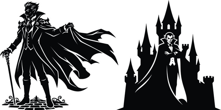 Gothic vampire vector illustration dracula with castle and cane halloween character