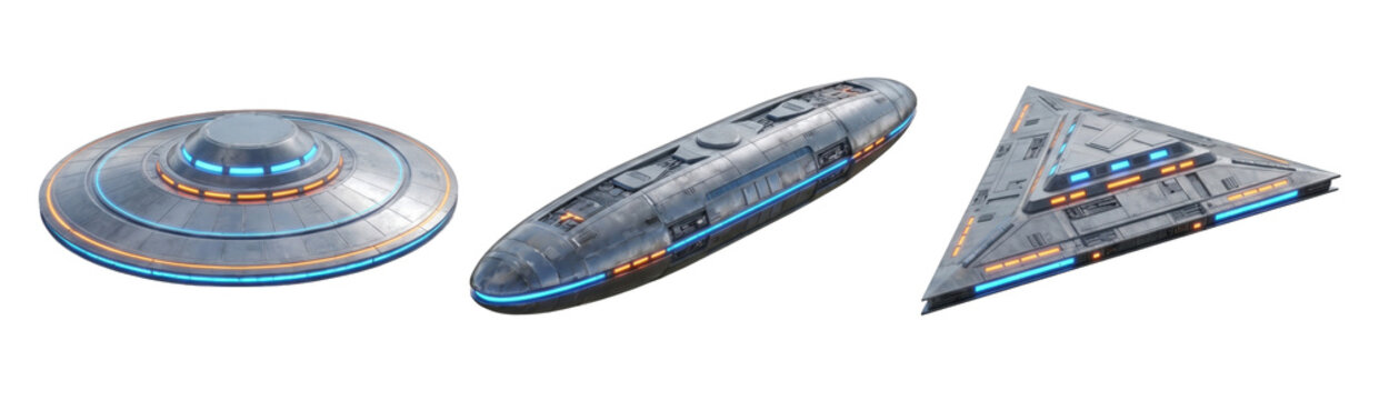 Spacecraft set featuring three detailed alien ufo vehicles isolated on transparent background