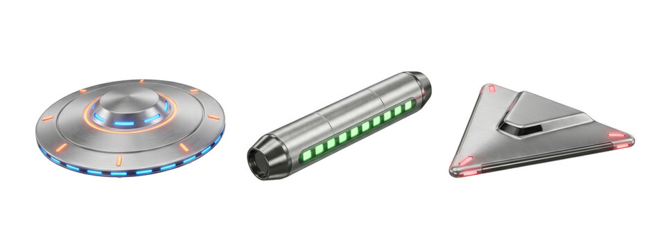 Sci-fi set with three alien flying saucers and ships isolated on transparent background