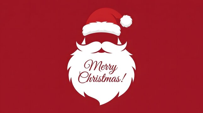 Minimalist santa claus hat and beard illustration with a festive merry christmas greeting on a solid red background