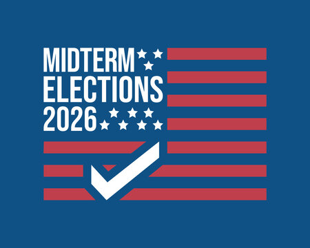 Midterm Elections 2026 typography banner design with checkmark graphic and American flag vector illustration. US vote political campaign poster template, voting dark blue background.