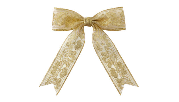 Vintage gold ribbon bow with lace pattern, festive gift wrap decoration isolated on white, elegant holiday ornament photo