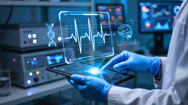 Doctor holding tablet with glowing blue holographic medical HUD showing heartbeat pulse, DNA helix, and brain scan in modern lab