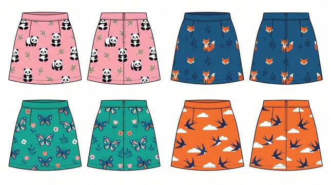 four pairs of colorful cartoon patterned children's skirts with front and back views on white