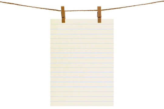 Blank sheet of paper hanging on a clothesline, attached with a wooden clothespin. Isolated transparent PNG..