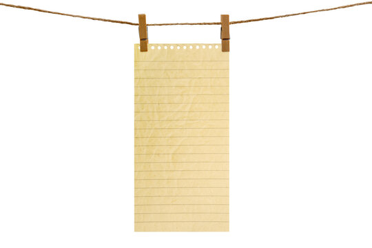 Blank sheet of paper hanging on a clothesline, attached with a wooden clothespin. Isolated transparent PNG..