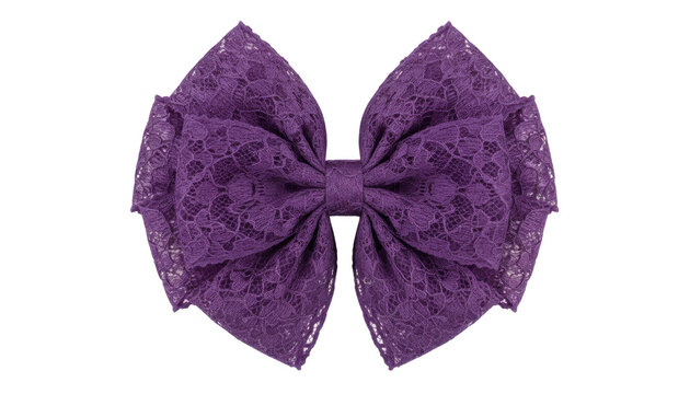 Purple lace bow isolated on white, decorative ribbon knot accessory. Romantic fabric bow detail for fashion and crafts