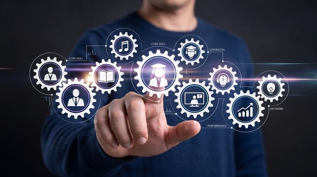 Employee skills development and corporate training interface featuring interactive learning management system gears