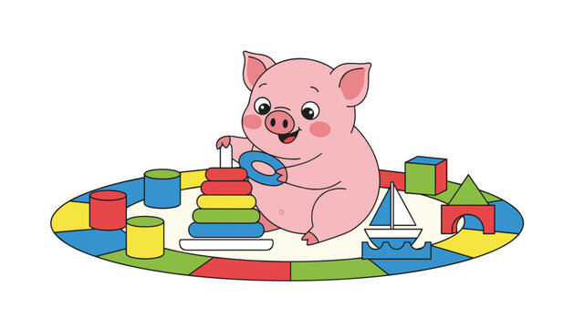 Adorable little pink pig sitting on a colorful playmat and playing with a wooden ring stacking toy in a child nursery.