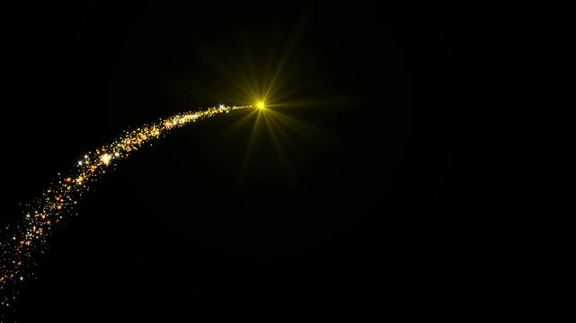 Golden glitter trail with sparkling shooting star, glowing light flare, magical fairy dust, luxury bokeh shimmer, glitter particle stream on black background HD 4K
