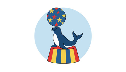 Naklejka premium Cute circus fur seal balancing a large blue ball decorated with red and yellow stars on its nose while standing on a pedestal.