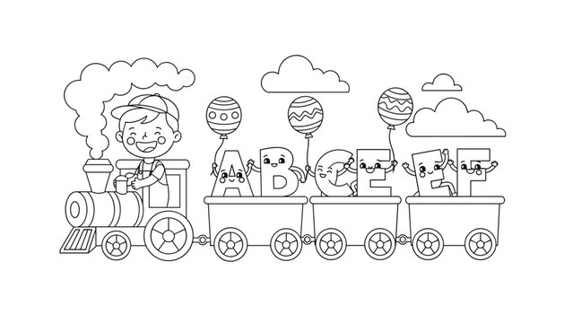 Educational coloring page featuring a young boy driving a steam train carrying cartoon alphabet letters with balloons.