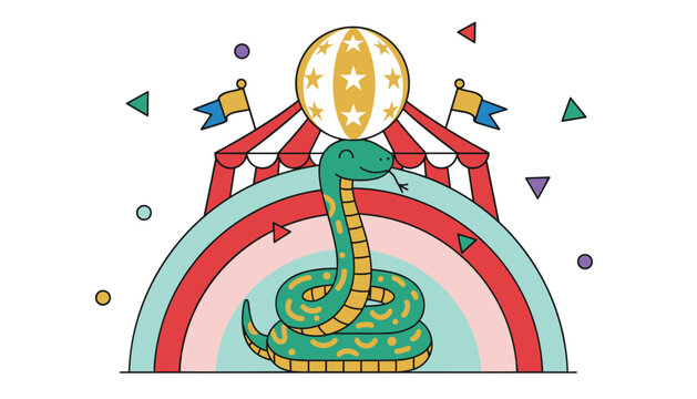 Friendly green snake balancing a striped ball on its head inside a colorful circus ring under a rainbow arch.