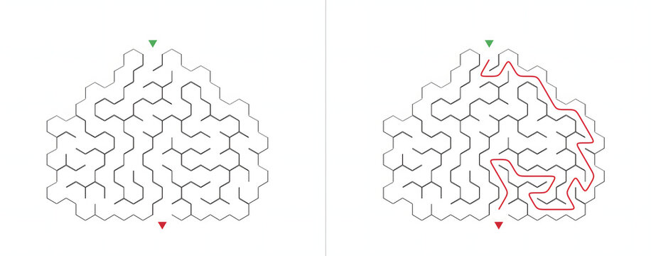 Maze puzzle with pathways and markers, minimalist design, black and white
