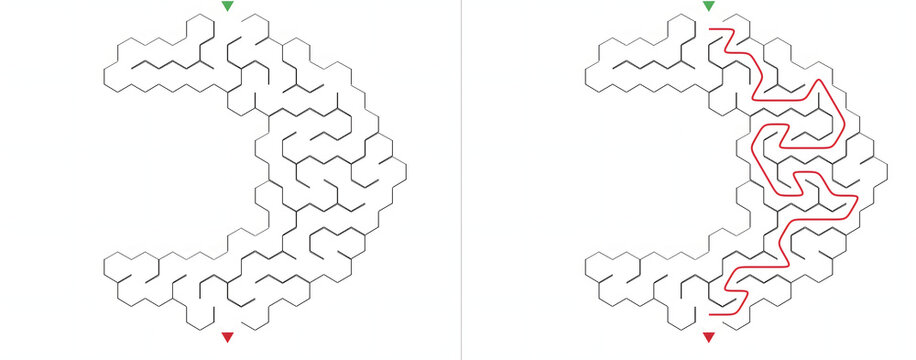 Maze puzzle with pathways and markers, minimalist design, black and white
